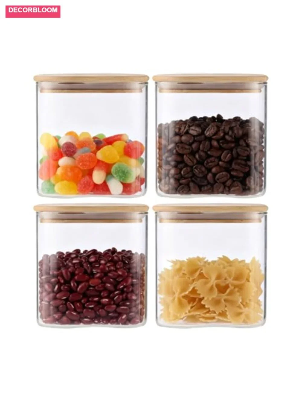 4-Pack Square Glass Containers with Bamboo Lids, 24 oz Airtight Canisters